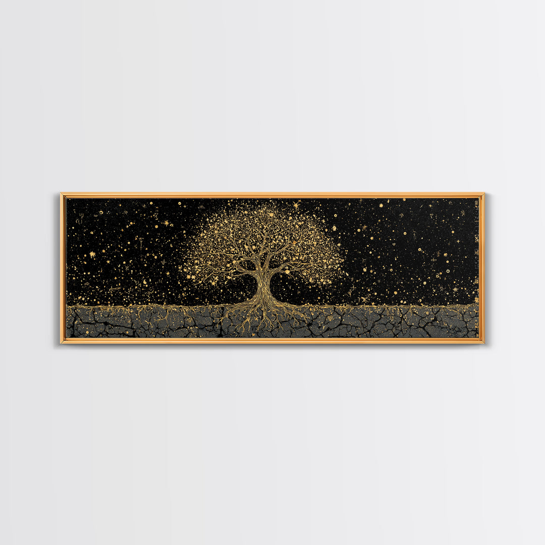 The World Tree Yggdrasil Canvas Gold Art Canvas Art Norse Mythology Wall Decor for Men’s Office, framed in solid natural wood