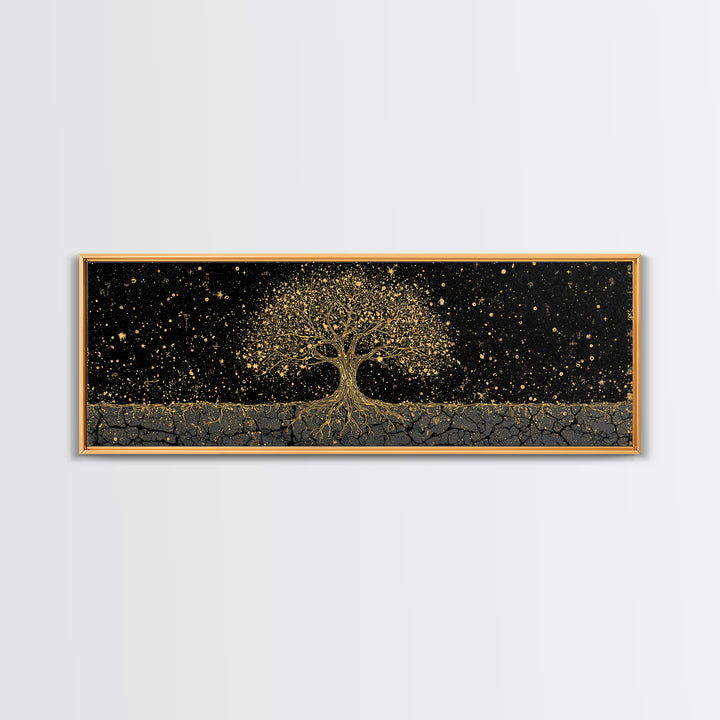 The World Tree Yggdrasil Canvas Gold Art Canvas Art Norse Mythology Wall Decor for Men’s Office, framed in solid natural wood