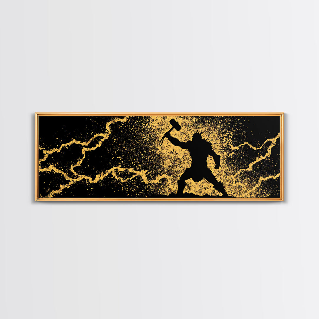 Nordic Thor with Mjolnir Canvas Gold Art Canvas Art Norse Mythology Wall Decor for Men’s Office, set in a real wood frame