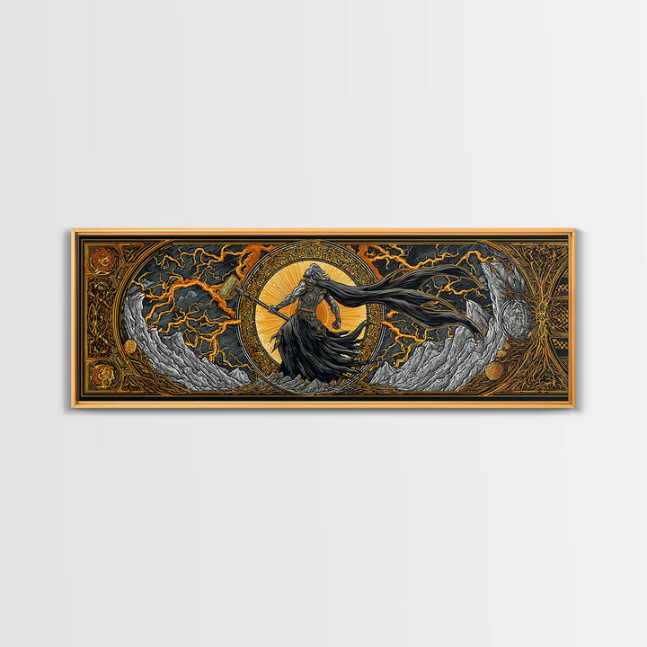 Thor God of Thunder Canvas Gold Art Canvas Art Viking Wall Decor Norse Mythology Decor, with natural handcrafted wood framing