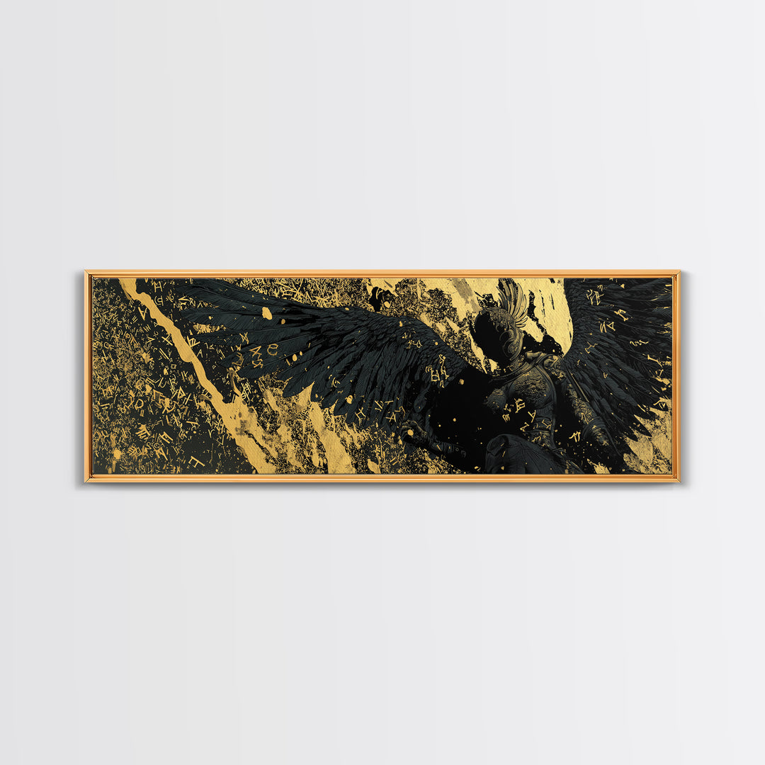 Nordic Valkyrie Canvas Gold Art Canvas Art with Mythology Design, Man Cave Wall Decor in real wood frame, Norse Office Gift