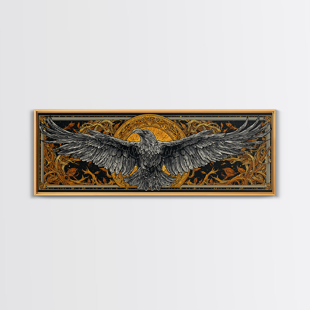 Mythical Valkyrie Helmet Canvas Gold Art Nordic Canvas Art, Norse Wall Hanging for Office or Man Cave framed in real wood