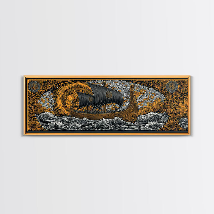 Nordic Viking Helmet Canvas Gold Art Canvas Art, Man Cave Decor in natural wood frame, Mythology Wall Art Office Gift