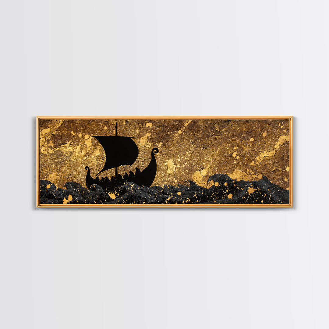 Viking Funerary Ship Canvas Gold Art Norse Mythology Canvas Art, Office Wall Decor framed in real wood, Dad Gift Man Cave