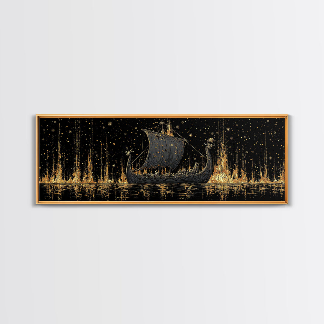 Nordic Viking Warriors Canvas Gold Art Canvas Art, Mythology Office Wall Hanging in natural wood frame, Gift for Him Decor