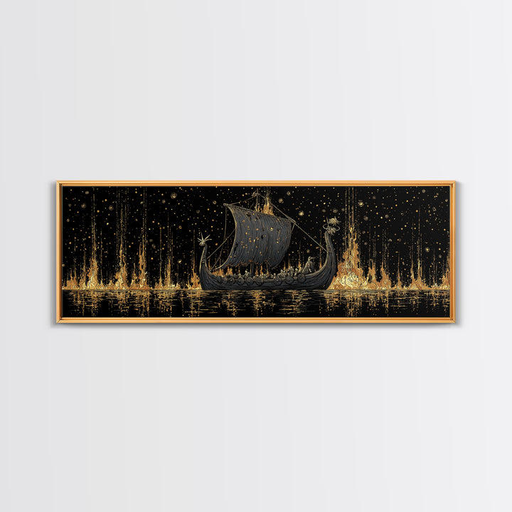 Nordic Viking Warriors Canvas Gold Art Canvas Art, Mythology Office Wall Hanging in natural wood frame, Gift for Him Decor