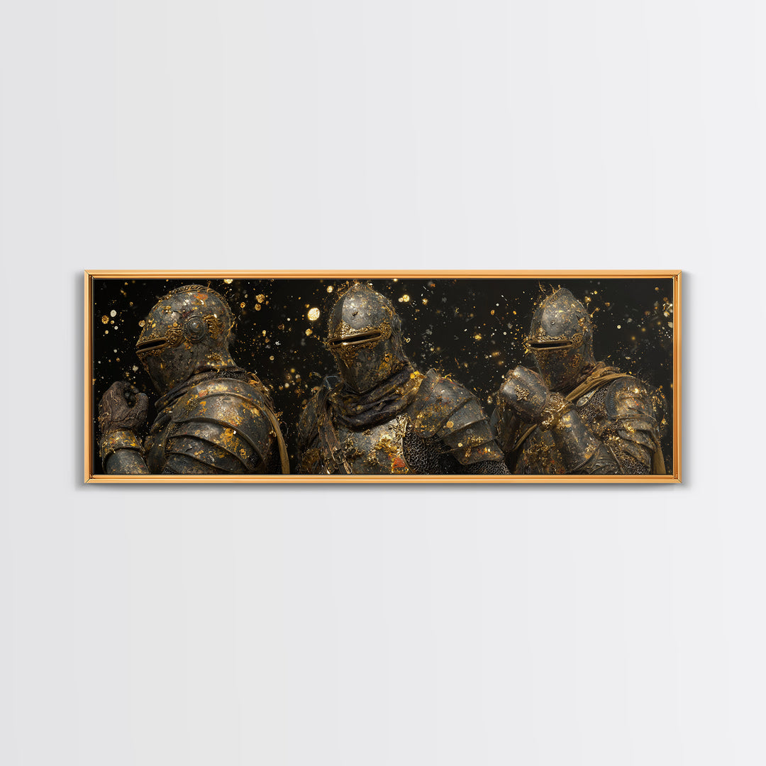 Viking Ship Canvas Gold Art Norse Mythology Canvas Art, Office Wall Decor framed in natural wood, Man Cave Gift for Him