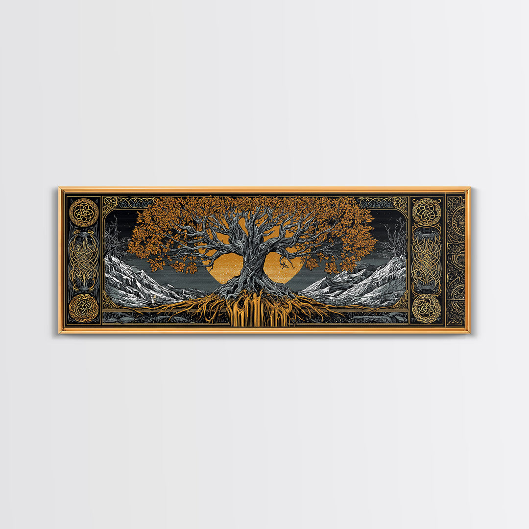 Yggdrasil Canvas Gold Art Nordic Wall Decor, Viking Mythology Canvas Art Framed in Natural Wood, Man Cave or Office Art
