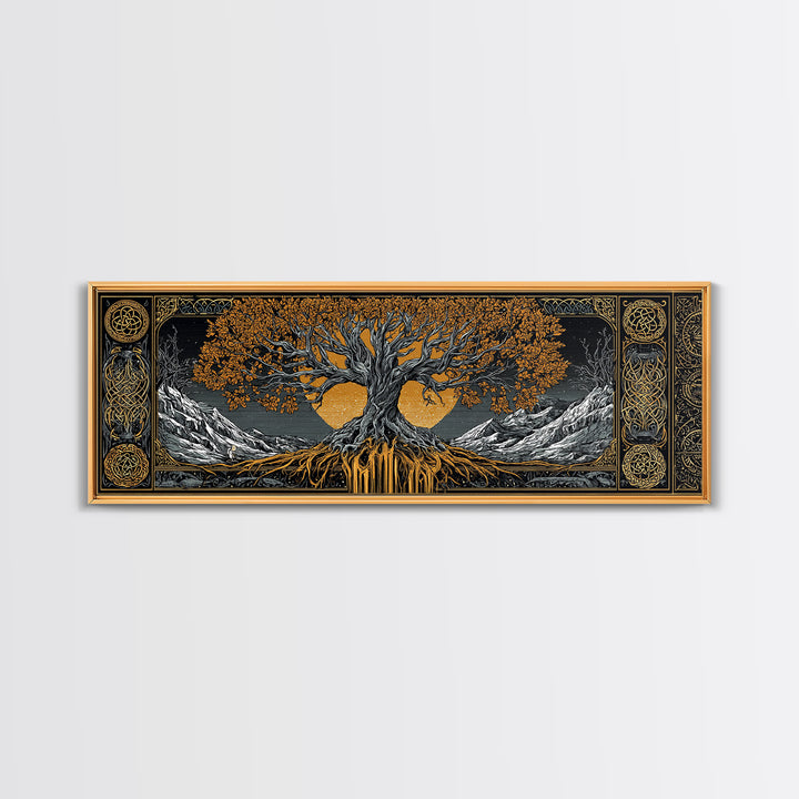 Yggdrasil Canvas Gold Art Nordic Wall Decor, Viking Mythology Canvas Art Framed in Natural Wood, Man Cave or Office Art