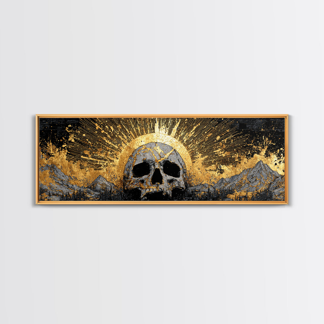 Nordic Mythology Canvas Gold Art, Ymir Skull Landscape Canvas Art with Natural Wood Frame, Viking Man Cave Wall Decor