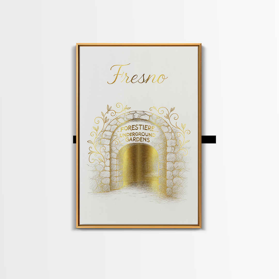Fresno Travel Poster, Framed Canvas Print, Gold Outline Poster Art, Fresno Poster Print, Mid Century Wall Art, Gift For Travelers