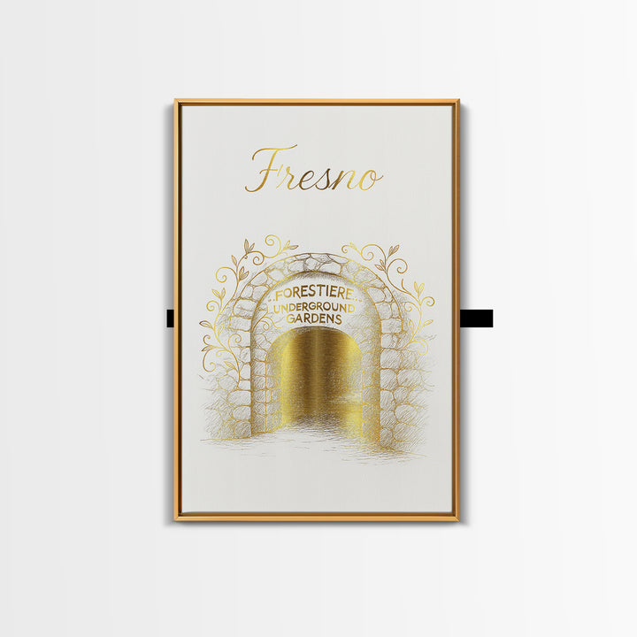 Fresno Travel Poster, Framed Canvas Print, Gold Outline Poster Art, Fresno Poster Print, Mid Century Wall Art, Gift For Travelers