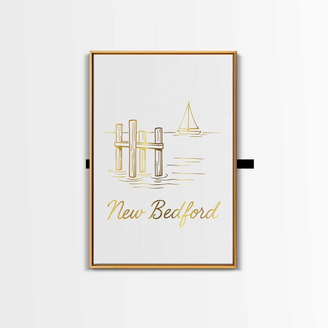 New Bedford Travel Poster, Framed Canvas Print, Minimalist Gold Line Art, New Bedford Travel Art, Living Room Wall Art, Modern Wall Decor