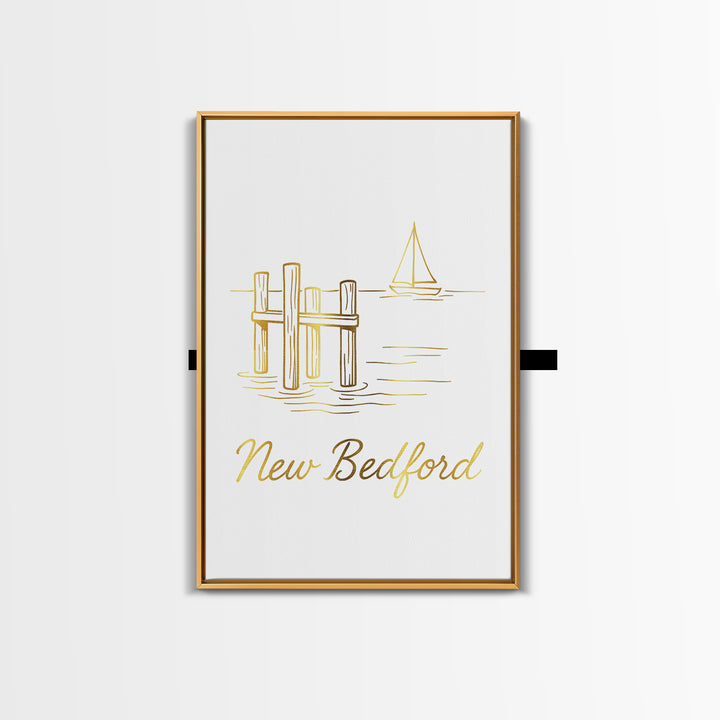 New Bedford Travel Poster, Framed Canvas Print, Minimalist Gold Line Art, New Bedford Travel Art, Living Room Wall Art, Modern Wall Decor