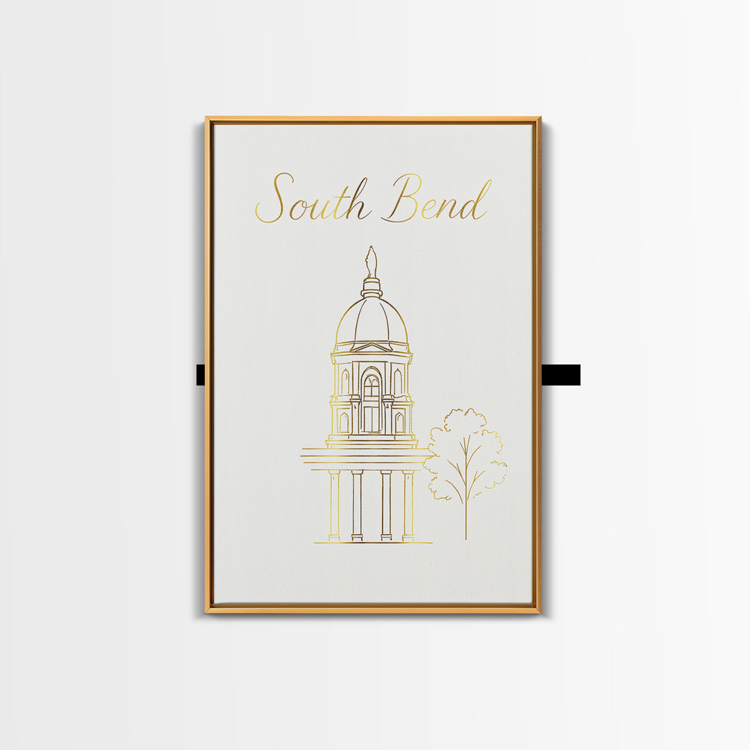 South Bend Travel Poster, Framed Canvas Print, Clean Sketch Wall Art, South Bend City Art, Vintage City Art, Vintage Travel Art