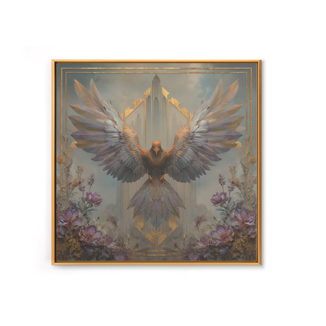 Icarus Falling Through Golden Sky and Feathers Framed Canvas Print, Mythological Art, Living Room Decor, Fine Art, Legend, MYT-1x1-52