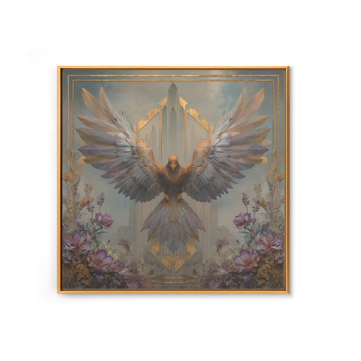 Icarus Falling Through Golden Sky and Feathers Framed Canvas Print, Mythological Art, Living Room Decor, Fine Art, Legend, MYT-1x1-52