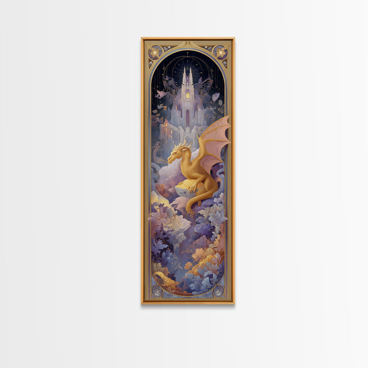 Dragon Guarding a Hoard of Ancient Gold Framed Canvas Print, Mythological Art, Framed Wall Art, Living Room Decor, Legend, MYT-1x3-80