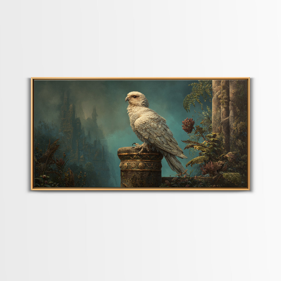 Griffin Perched on Ancient Stone Column Framed Canvas Print, Mythological Art, Luxury Decor, Living Room Decor, Legend, MYT-2x1-34