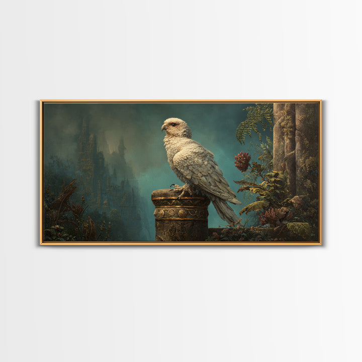Griffin Perched on Ancient Stone Column Framed Canvas Print, Mythological Art, Luxury Decor, Living Room Decor, Legend, MYT-2x1-34
