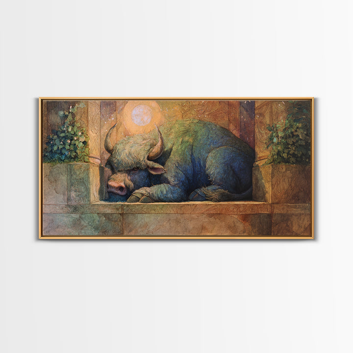 Minotaur in Labyrinth of Warm Stone Framed Canvas Print, Mythological Art, Minimalist Decor, Living Room Decor, Legend, MYT-2x1-37
