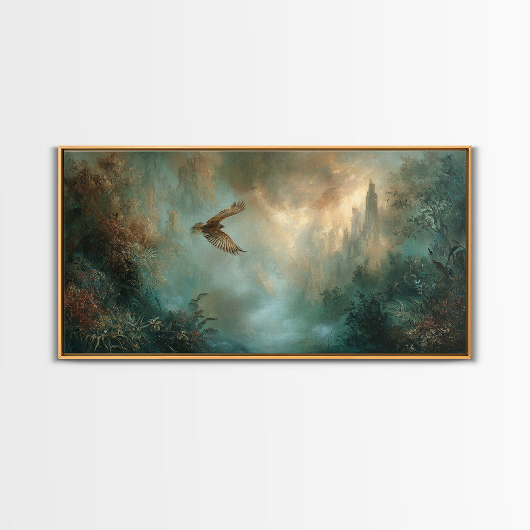 Icarus Falling Through Golden Sky and Feathers Canvas Print, Mythological Art, Art, Living Room Decor, Fine Art, Legend, MYT-2x1-48