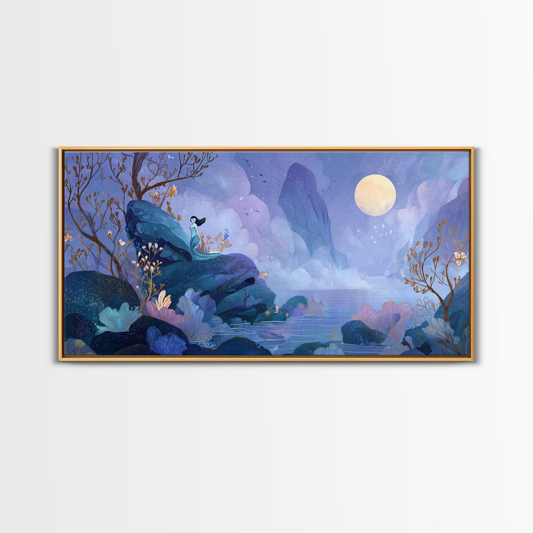 Mermaid Siren on Rocks Framed Canvas Print, Mythological Art, Contemporary Art, Living Room Decor, Legend, Digital Wall Art, MYT-2x1-83