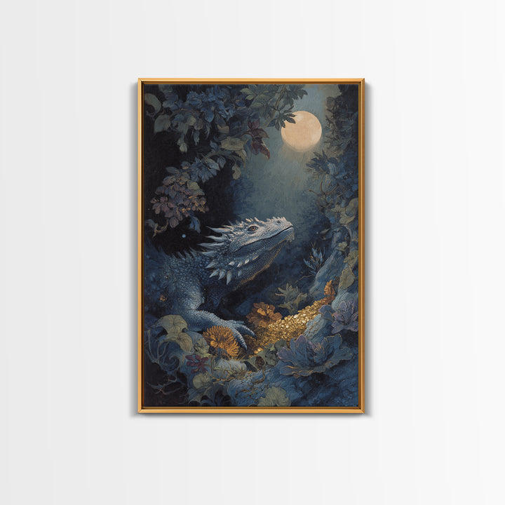 Dragon Guarding a Hoard of Ancient Gold Framed Canvas Print, Mythological Art, Luxury Decor, Living Room Decor, Legend, MYT-2x3-100