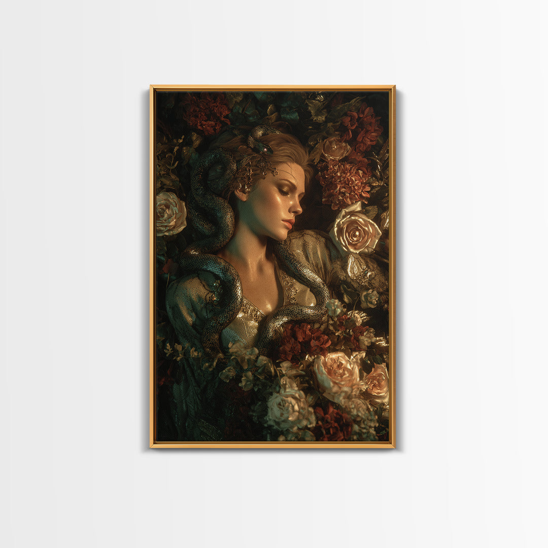 Medusa Portrait with Serpents and Tragic Beauty Framed Canvas Print, Mythological Art, Art Print, Living Room Decor, Legend, MYT-2x3-33