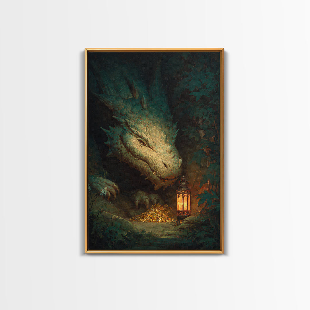 Dragon Guarding a Hoard of Ancient Gold Framed Canvas Print, Mythological Art, Gothic Home Decor, Living Room Decor, Legend, MYT-2x3-76