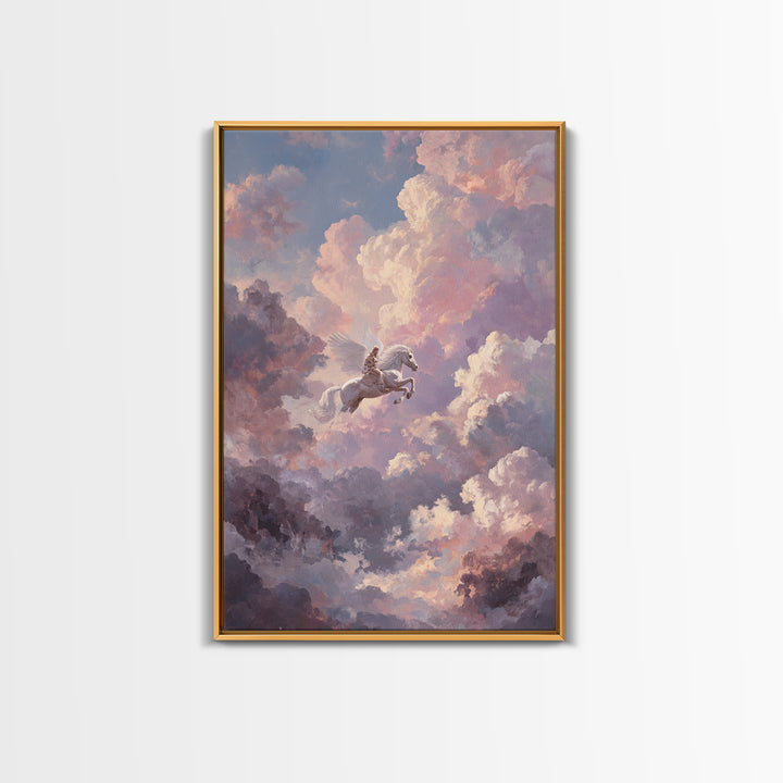 Pegasus Flying Above Cloud Kingdom Canvas Print, Mythological Art, Artwork, Living Room Decor, Legend, Gallery Wall Art, MYT-2x3-77