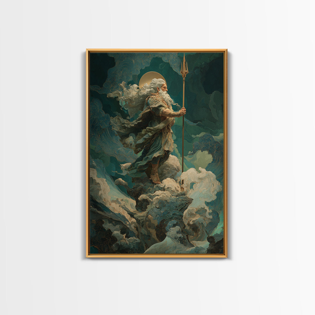 Poseidon Figure Rising from Stormy Ocean Framed Canvas Print, Mythological Art, Portrait, Living Room Decor, Fine Art, Legend, MYT-2x3-83
