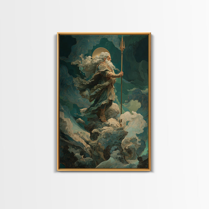 Poseidon Figure Rising from Stormy Ocean Framed Canvas Print, Mythological Art, Portrait, Living Room Decor, Fine Art, Legend, MYT-2x3-83