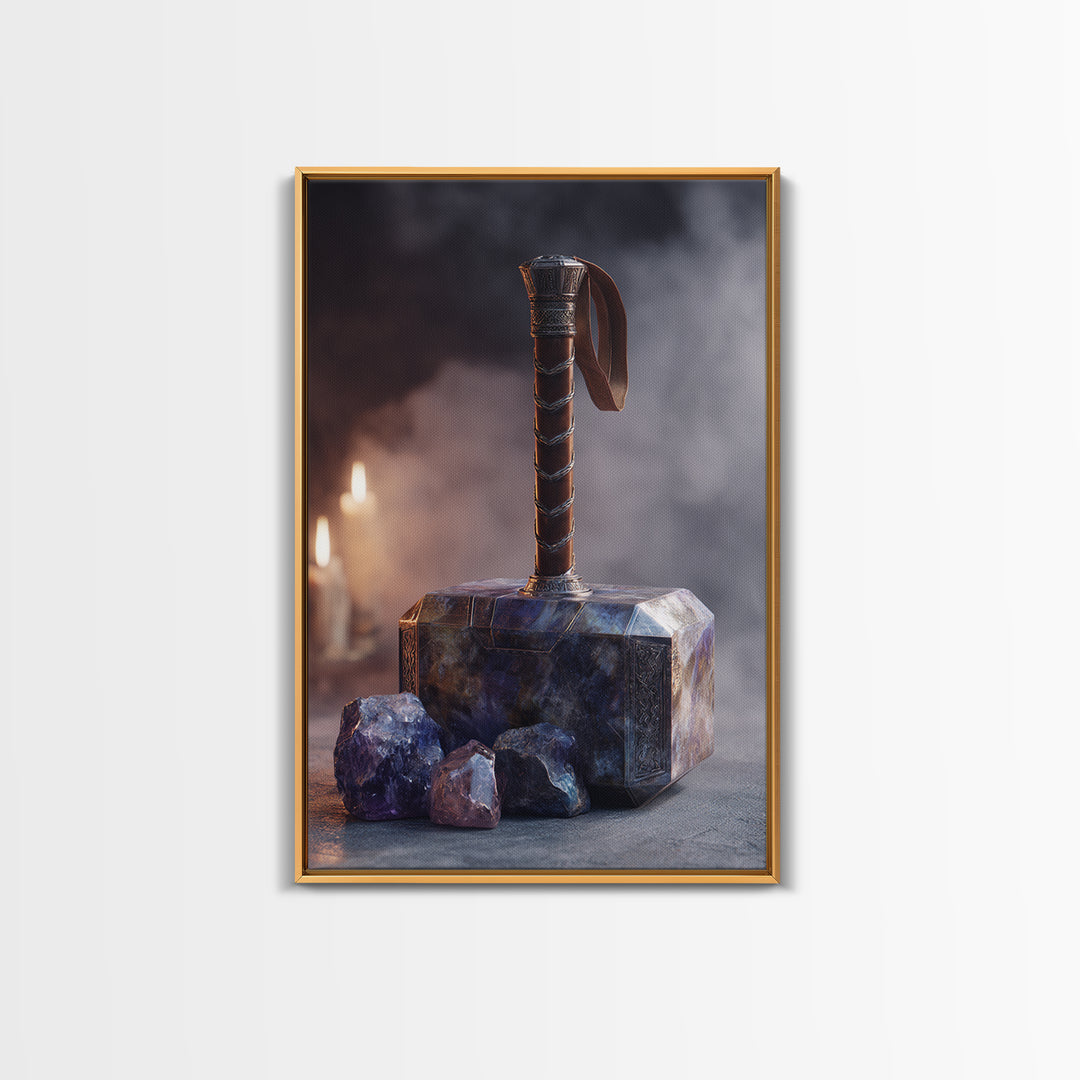 Thor Hammer and Lightning Still Life Framed Canvas Print, Mythological Art, Print, Living Room Decor, Fine Art, Legend, MYT-2x3-90