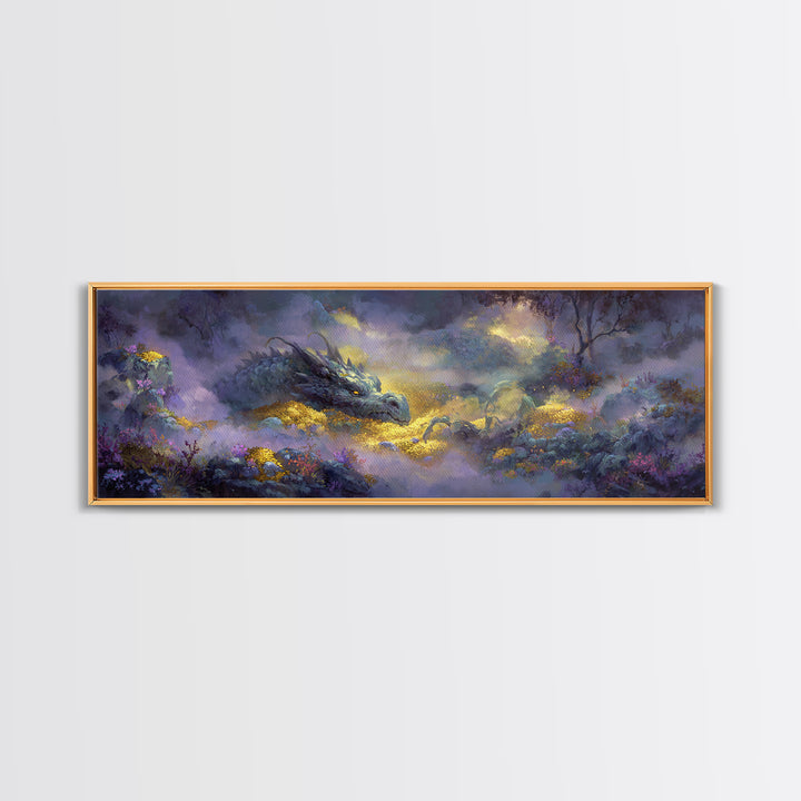 Dragon Guarding a Hoard of Ancient Gold Canvas Print, Mythological Art, Digital Art Download, Living Room Decor, Legend, MYT-3x1-36