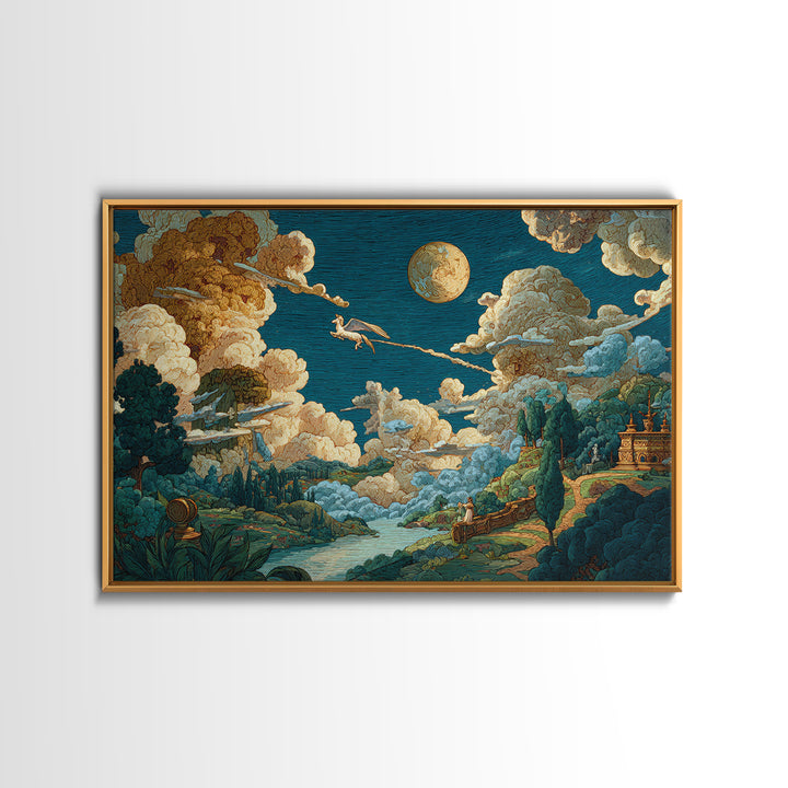 Pegasus Flying Above Cloud Kingdom Framed Canvas Print, Mythological Art, Living Room Decor, Abstract Art, Legend, Home Decor, MYT-3x2-25