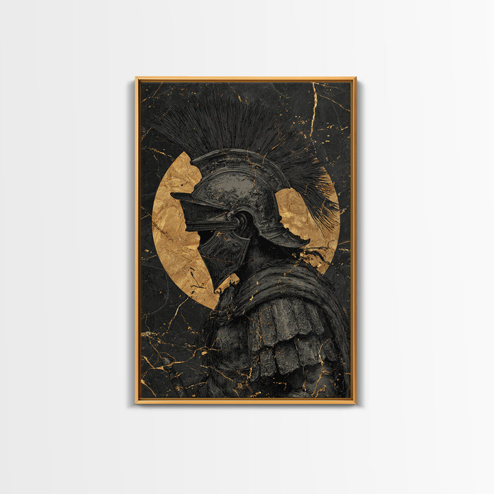 Roman Warrior Gold Canvas Print, Ancient Soldier Wall Art On Canvas, Real Wood Frame Decor, Historical Mythology Artwork