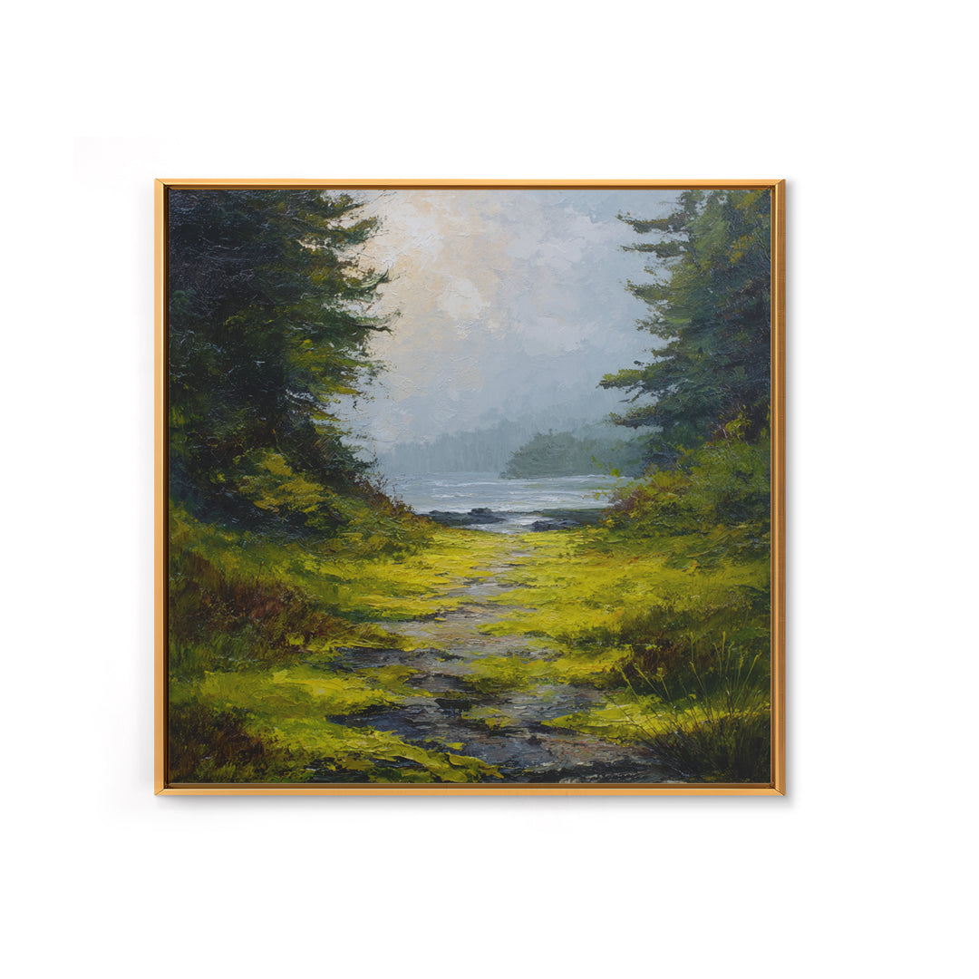 Sunlit Forest Path Framed Canvas Print, Nature Art, Bird Wall Art, Living Room Decor, Fine Art, Nature, Textured Painting, NAT-1x1-1