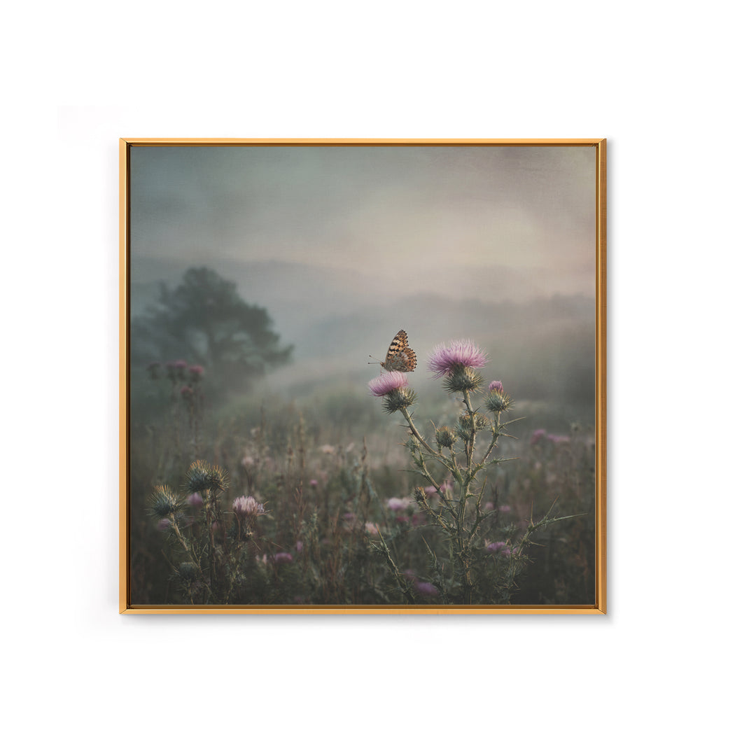 Butterfly Resting on a Blooming Thistle Framed Canvas Print, Nature Art, Mountain Art, Living Room Decor, Watercolor Art, NAT-1x1-100