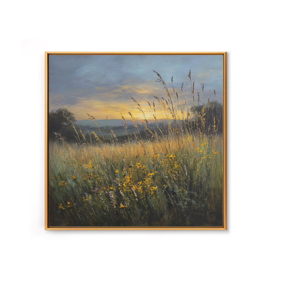 Sunrise Through Tall Grass and Wildflowers Framed Canvas Print, Nature Art, Framed Art, Living Room Decor, Watercolor Art, NAT-1x1-11