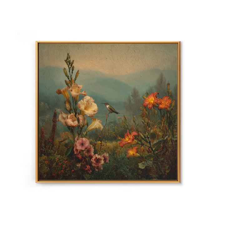 Hummingbird Beside Bright Trumpet Flowers Framed Canvas Print, Nature Art, Art, Living Room Decor, Oil Painting, Nature, NAT-1x1-12