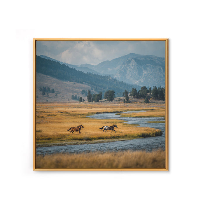 Wild Horses Running Near Mountain Ridge Canvas Print, Nature Art, Modern Wall Art, Living Room Decor, Fine Art, Nature, NAT-1x1-22