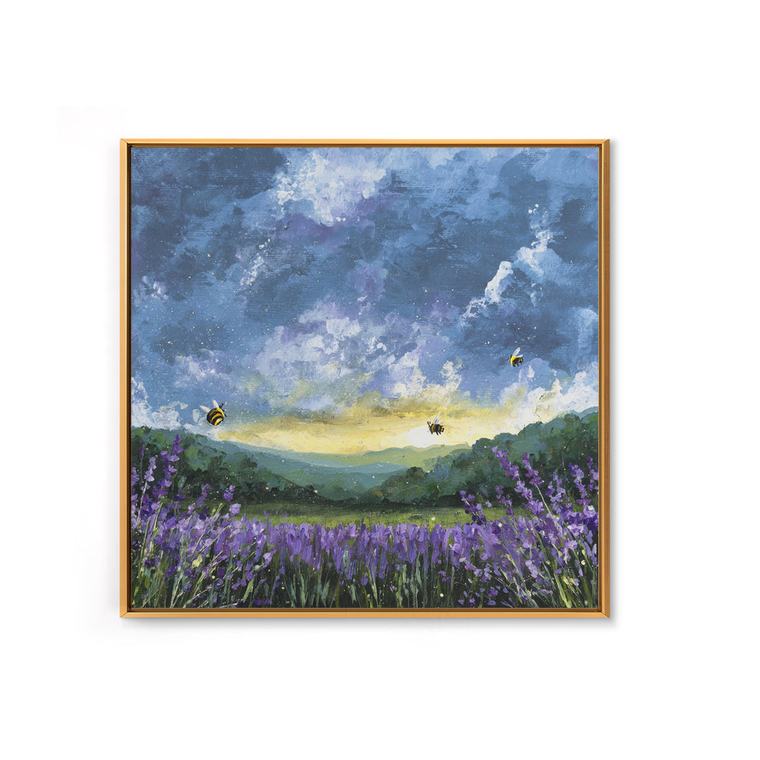 Bees Circling Lavender Blossoms Canvas Print, Nature Art, Original Painting, Living Room Decor, Nature, Mountain Wall Art, NAT-1x1-23