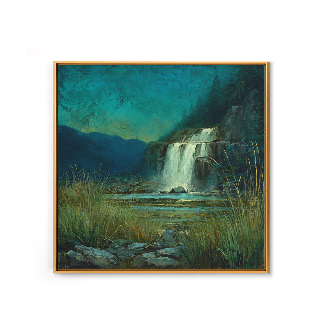 Waterfall Hidden Among Dark Green Rocks Framed Canvas Print, Nature Art, 3d Wall Art, Living Room Decor, Fine Art, Nature, NAT-1x1-27