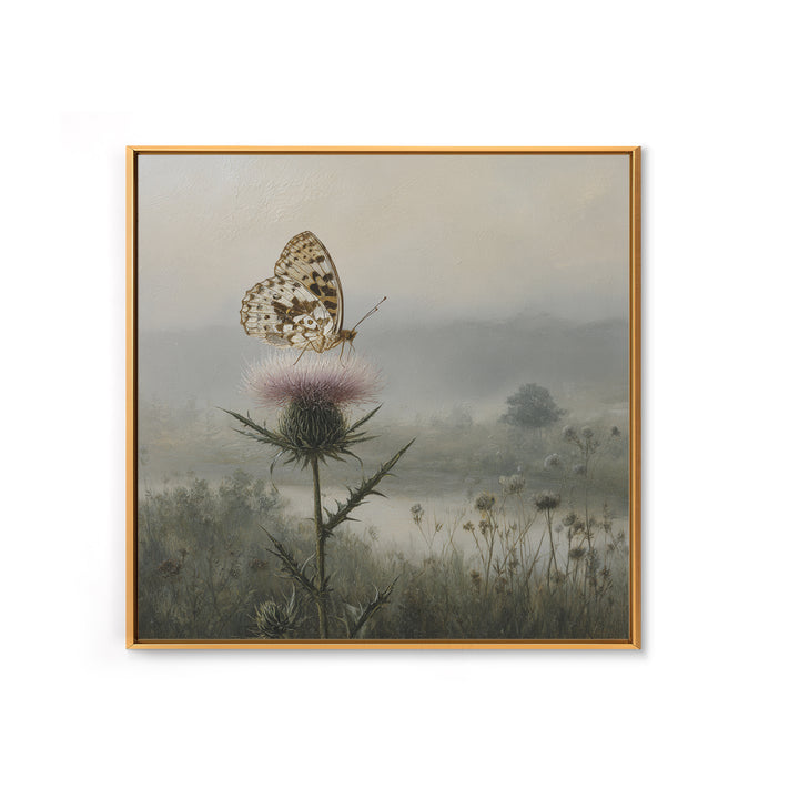 Butterfly Resting on a Blooming Thistle Framed Canvas Print, Nature Art, Living Room Decor, Oil Painting, Nature, NAT-1x1-28