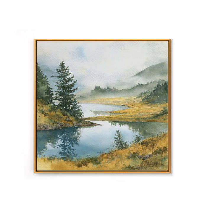 Misty Mountain Lake Framed Canvas Print, Nature Art, Fine Art Print, Living Room Decor, Watercolor Art, Nature, Poster, NAT-1x1-29