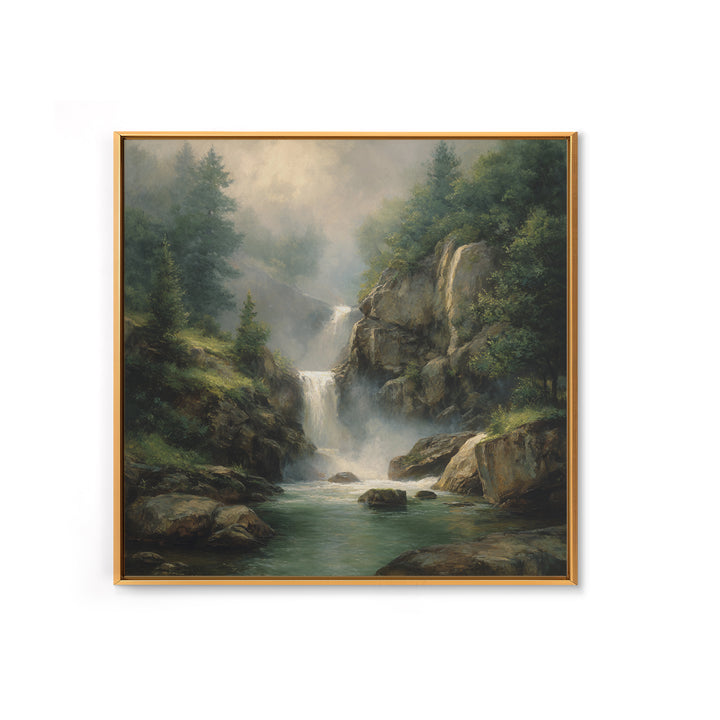 Waterfall Hidden Among Dark Green Rocks Canvas Print, Nature Art, Floral, Living Room Decor, Abstract Art, Nature, Moss Art, NAT-1x1-3