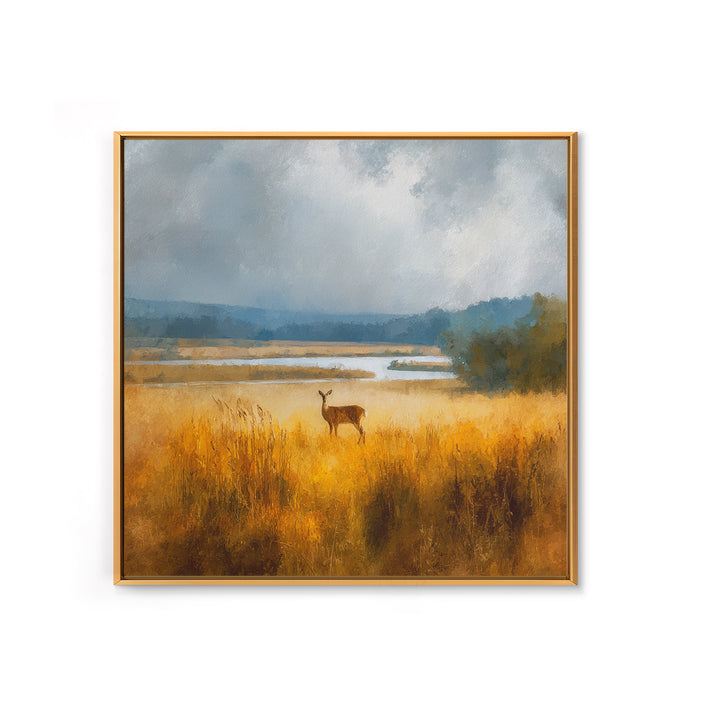 Deer Standing in a Golden Field Framed Canvas Print, Nature Art, Gallery Decor, Living Room Decor, Fine Art, Nature, NAT-1x1-32