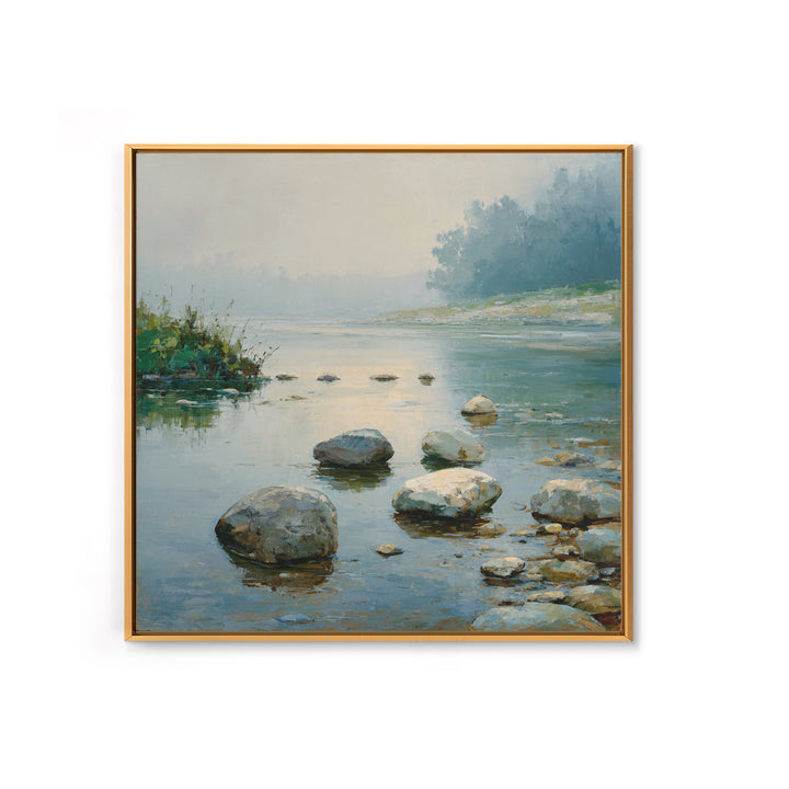 River Stones under Clear Shallow Water Framed Canvas Print, Nature Art, Mountain Art, Living Room Decor, Oil Painting, Nature, NAT-1x1-37