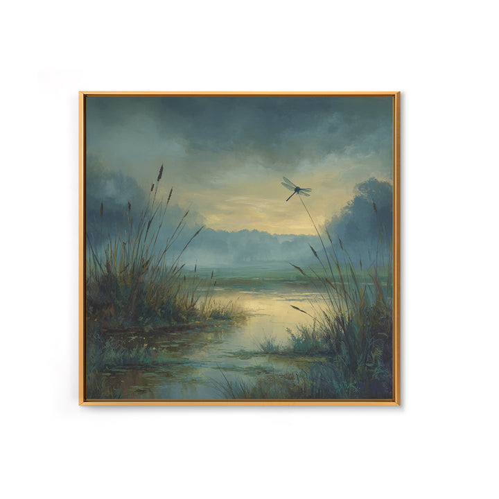 Dragonfly over a Pond with Reeds Framed Canvas Print, Nature Art, Moss Art, Living Room Decor, Abstract Art, Nature, NAT-1x1-42